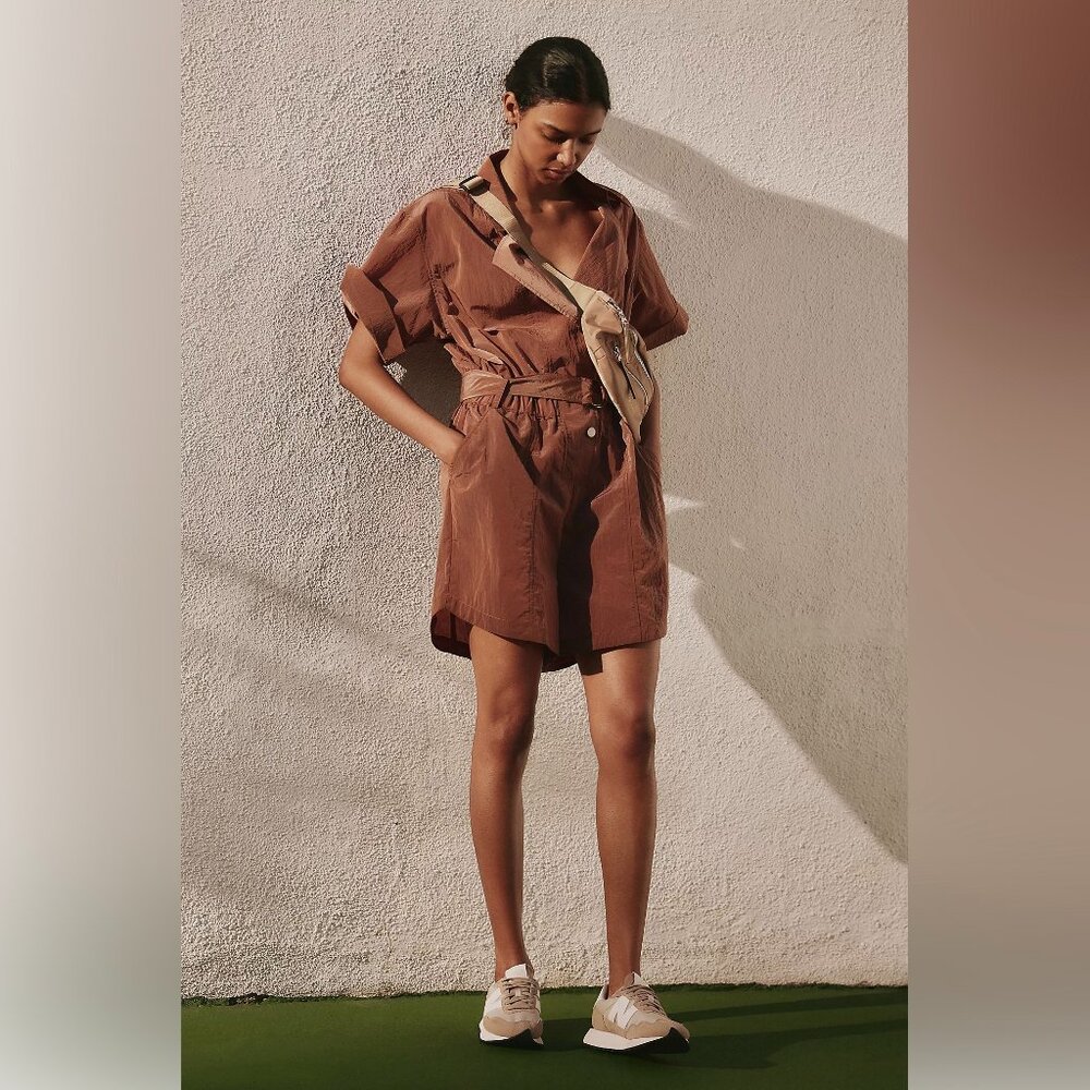 NWT Varley Belle Boxy Playsuit Women's S Cedar Brown Copper Metallic Romper